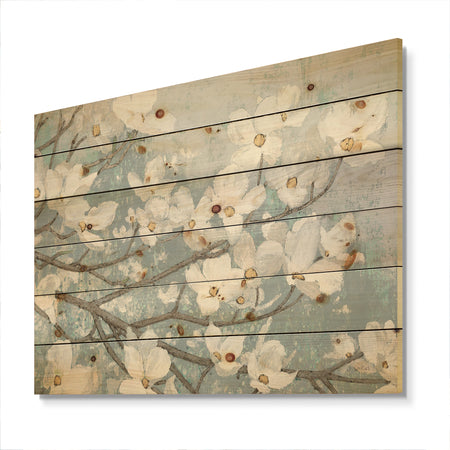 Blue on Grey Blossoms - Traditional Print on Natural Pine Wood
