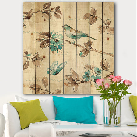 Beige Bird Wings - Cottage Print on Natural Pine Wood