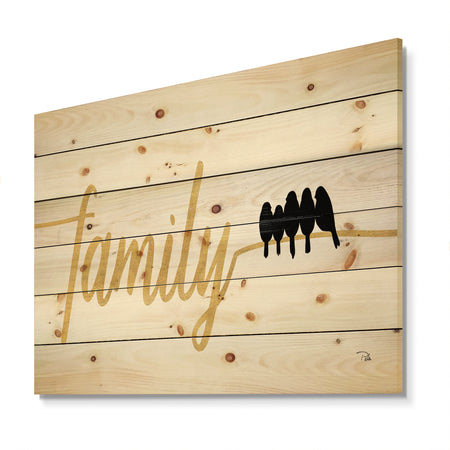 Family of Birds on Gold Words II - Cottage Print on Natural Pine Wood