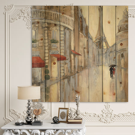 Love in Paris III - Romantic French Country Print on Natural Pine Wood