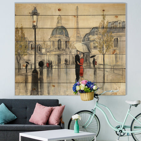 Love in Paris I - Romantic French Country Print on Natural Pine Wood