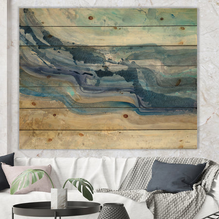 Coast Blue Sea Waves Watercolour - Modern Farmhouse Print on Natural Pine Wood