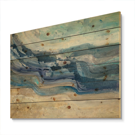 Coast Blue Sea Waves Watercolour - Modern Farmhouse Print on Natural Pine Wood