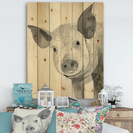 Piglet Farmhouse Animal in Black and White - Farmhouse Animals Print on Natural Pine Wood