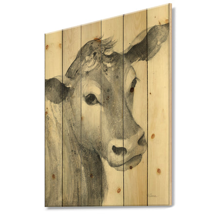 Cow Farmhouse Animal in Black and White - Farmhouse Animals Print on Natural Pine Wood