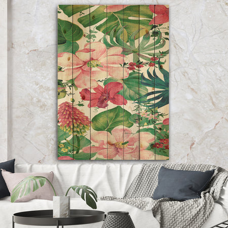 Tropical Red and Pink Flowers - Cabin & Lodge Print on Natural Pine Wood
