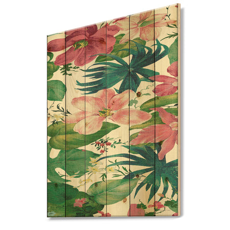 Pink Tropical Flowers - Cabin & Lodge Print on Natural Pine Wood