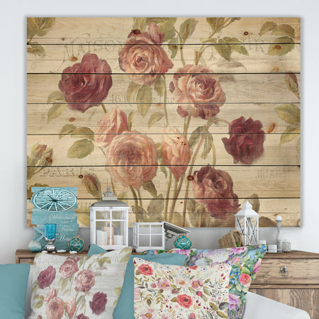 French Roses I - Farmhouse Print on Natural Pine Wood