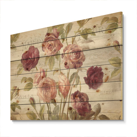 French Roses I - Farmhouse Print on Natural Pine Wood