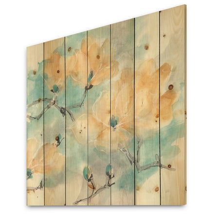 Teal Buds I - Cabin & Lodge Print on Natural Pine Wood