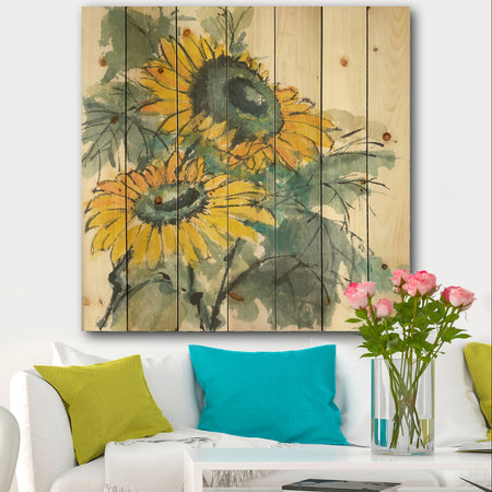 Tradionnal Sunflower I - Cabin & Lodge Print on Natural Pine Wood