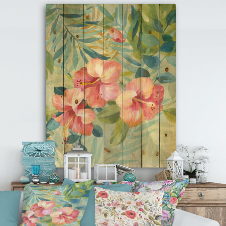 Hibiscus Garden III - Traditional Print on Natural Pine Wood