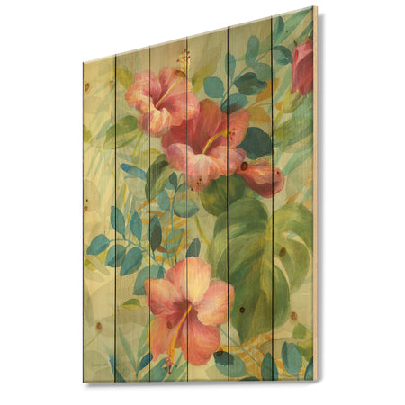 Hibiscus Garden II - Traditional Print on Natural Pine Wood