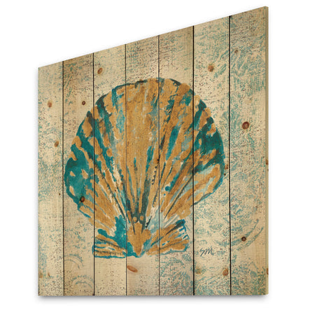 Coastal Pastel seashells I - Vintage Nautical Print on Natural Pine Wood