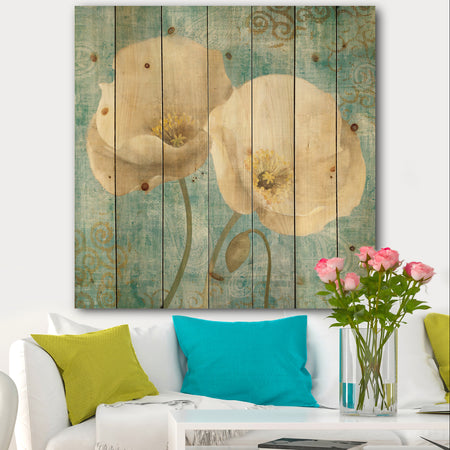 bouquet Poppies on Paisley II - Cottage Print on Natural Pine Wood