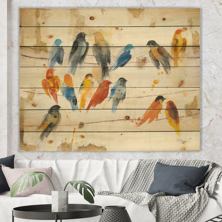 Multicolor Bird Meeting - Traditional Animal Print on Natural Pine Wood