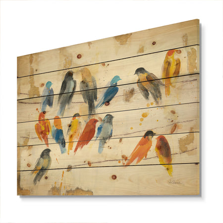 Multicolor Bird Meeting - Traditional Animal Print on Natural Pine Wood