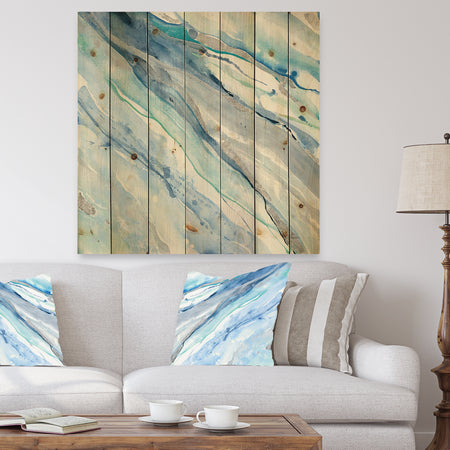 Blue Silver Spring II - Modern Lake House Print on Natural Pine Wood