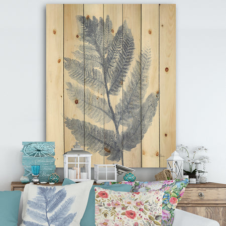 Forest Ferns Blue - Cottage Print on Natural Pine Wood