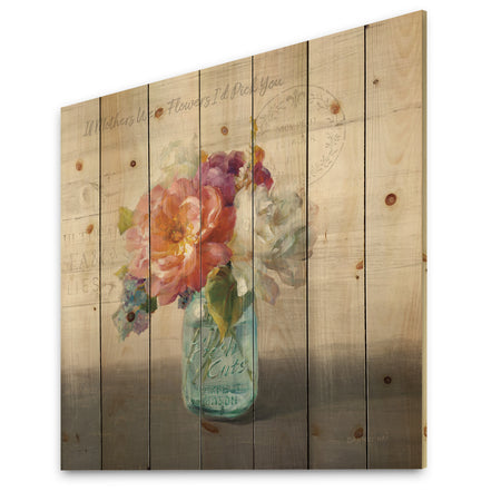 French Cottage Bouquet I Mothers - Cottage Print on Natural Pine Wood