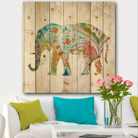 Boho Paisley Elephant II - Bohemian & Eclectic Print on Natural Pine Wood