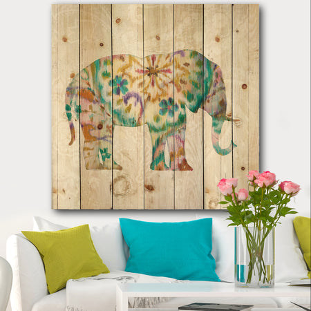 Boho Paisley Elephant I - Bohemian & Eclectic Print on Natural Pine Wood