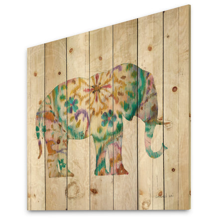 Boho Paisley Elephant I - Bohemian & Eclectic Print on Natural Pine Wood