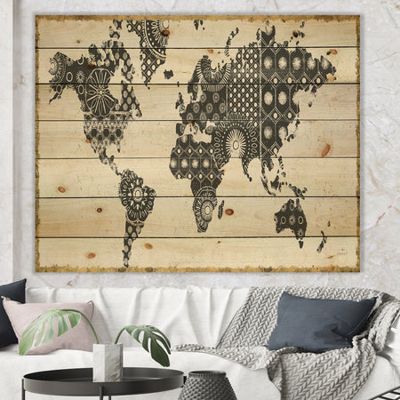 Madallions Map - Traditional Print on Natural Pine Wood