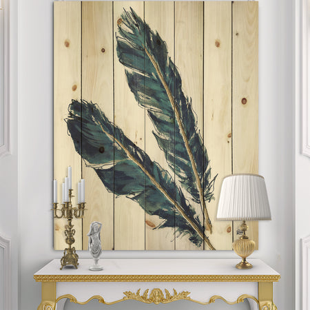 Gold Indigo Feathers III - Modern Bohemian Print on Natural Pine Wood