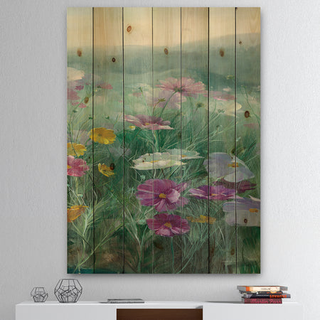 Cosmos at Dawn III - Farmhouse Print on Natural Pine Wood