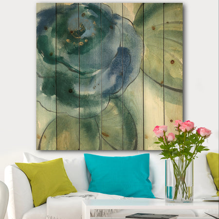 Blue Floral Poppies II - Cottage Print on Natural Pine Wood