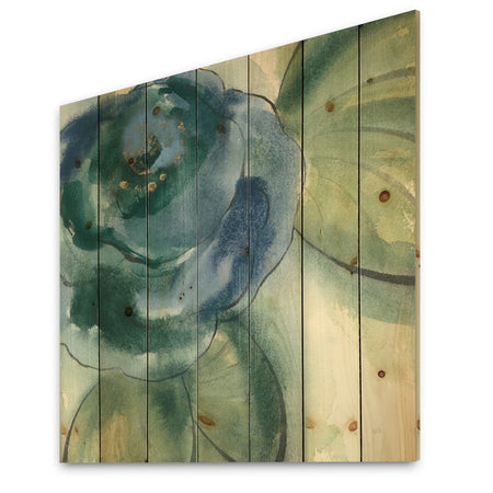 Blue Floral Poppies II - Cottage Print on Natural Pine Wood