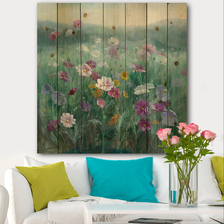 Flower field - Floral Farmhouse Print on Natural Pine Wood