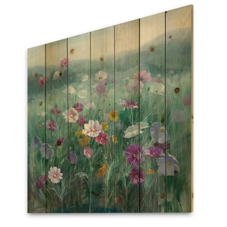 Flower field - Floral Farmhouse Print on Natural Pine Wood