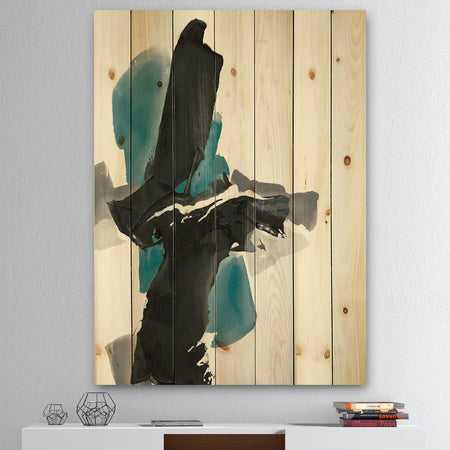 Geometric Black and Teal IV - Modern & Contemporary Print on Natural Pine Wood