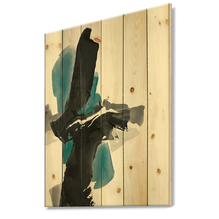 Geometric Black and Teal IV - Modern & Contemporary Print on Natural Pine Wood