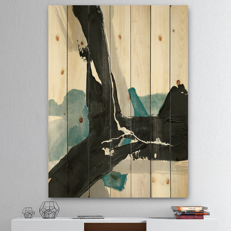 Geometric Black and Teal III - Modern & Contemporary Print on Natural Pine Wood