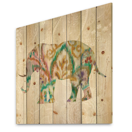 Boho Paisley Elephant II vII - Bohemian & Eclectic Print on Natural Pine Wood