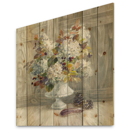 Rustic Florals White - Cabin & Lodge Print on Natural Pine Wood