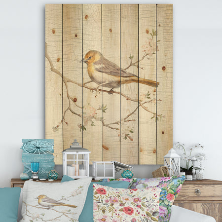 Birds on Blossom II - Farmhouse Print on Natural Pine Wood