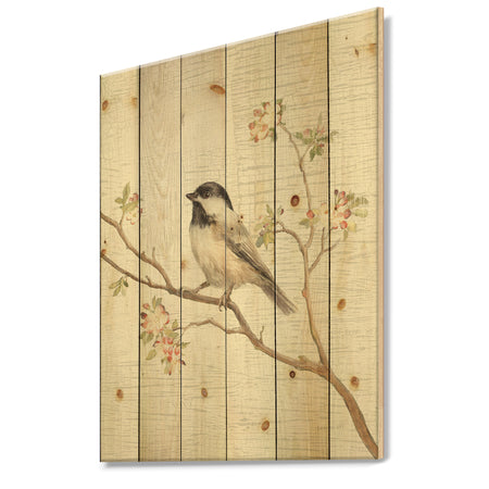Birds on Blossom I - Farmhouse Print on Natural Pine Wood