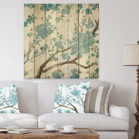 Teal Cherry Blossoms I - Traditional Floral Print on Natural Pine Wood