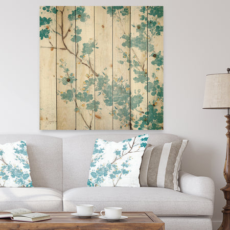 Teal Cherry Blossoms II - Traditional Floral Print on Natural Pine Wood