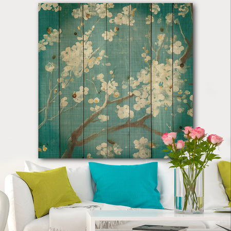 Blue Cherry Blossoms II - Cabin & Lodge Print on Natural Pine Wood
