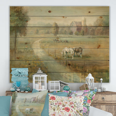 Tranquil Country Field - Farmhouse Print on Natural Pine Wood