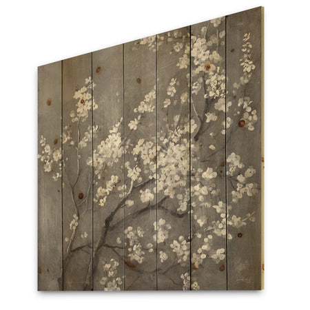 White Cherry Blossoms I - Traditional Print on Natural Pine Wood