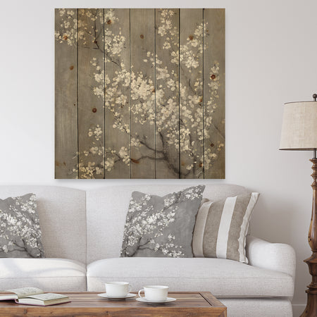 White Cherry Blossoms II - Traditional Print on Natural Pine Wood