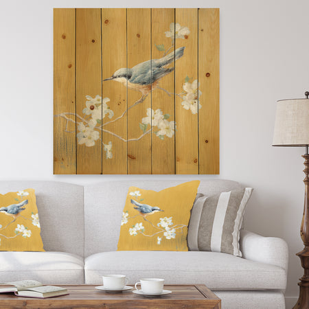 Gold Bird on Blossoms II - Farmhouse Print on Natural Pine Wood