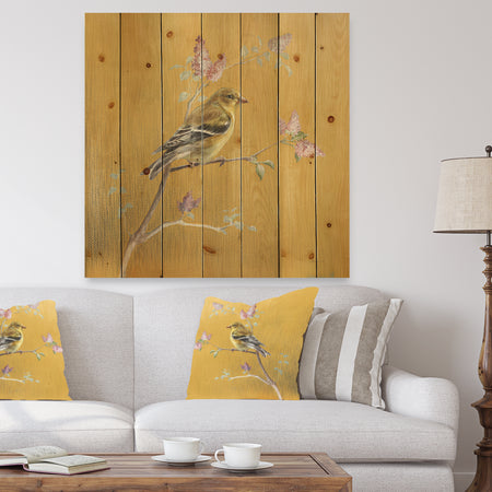 Gold Bird on Blossoms III - Farmhouse Print on Natural Pine Wood