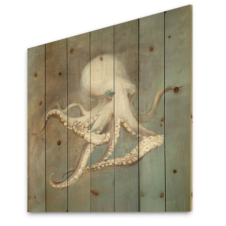 Octopus Treasures from the Sea - Nautical & Coastal Print on Natural Pine Wood